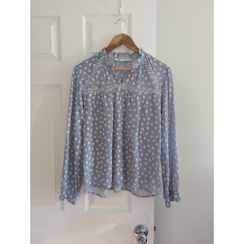 Zara Blouse Blue Floral Eyelet Lace Trim Long Sleeve Sz M Cottagecore Boho